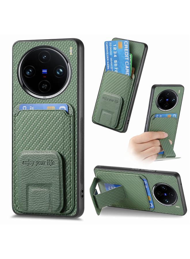 erorex For vivo X100 Pro 5G Carbon Fiber Card Bag Fold Stand Phone Case(Green)