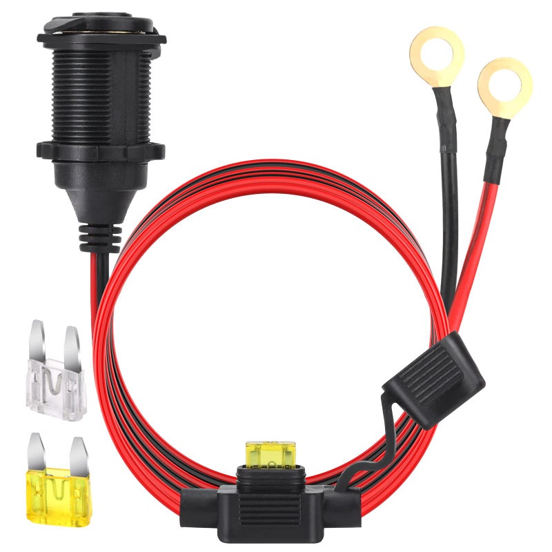 Dongge 4FT 12V24V Fixed Thread Cigarette Lighter Socket Extension Cable with Perforated Terminal Direct Battery Type car Cigarette Lighter Adapter 25mm Heavy Duty Cable 20A Free Two Blade fuses - Image 3