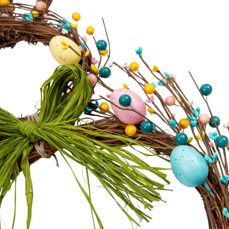 VGIA 27 Inch Artificial Easter Wreath for Front Door Rabbit Wreath with Pastel Eggs and Mixed Twigs Spring Bunny with Raffia Bow for Easter Decorations - Image 4