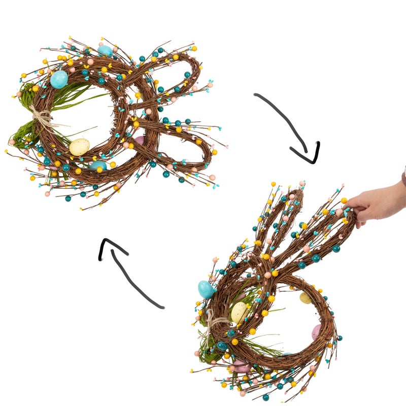 VGIA 27 Inch Artificial Easter Wreath for Front Door Rabbit Wreath with Pastel Eggs and Mixed Twigs Spring Bunny with Raffia Bow for Easter Decorations - Image 5