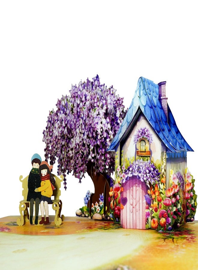 CUTE POPUP بطاقة معايدة ثلاثية الأبعاد بتصميم زهرة الوستارية، مناسبة للاحتفال بالذكرى السنوية، مشهد رومانسي لمنزل ريفي في الهواء الطلق - بطاقة معايدة لعيد الحب، عيد الميلاد، وحفلات الزفاف للزوجة، الزوج، الصديقة، أو الصديق - مقاس 6×8 بوصة، مع ظرف... - Image 1