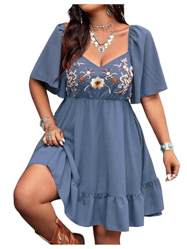 BEAUDRM Women's Plus Size Western Cowgirl Dress Floral Boho Country Flowy Causal Spring Mini Dress Summer Vacation Outfits Dusty Blue Large Plus - Image 1
