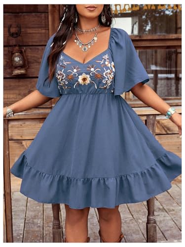 BEAUDRM Women's Plus Size Western Cowgirl Dress Floral Boho Country Flowy Causal Spring Mini Dress Summer Vacation Outfits Dusty Blue Large Plus - Image 5