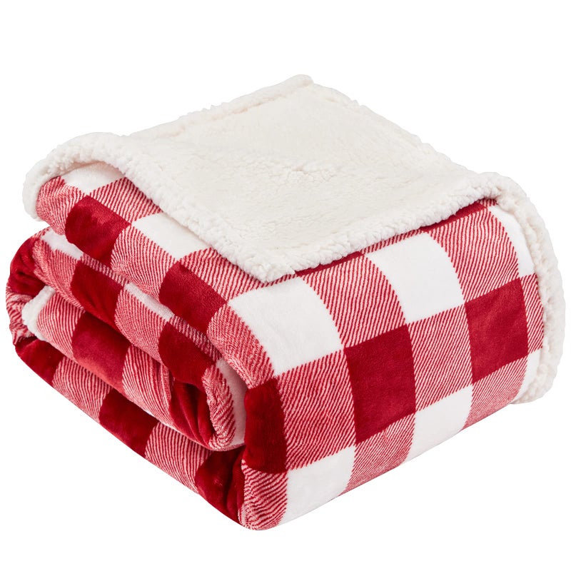 Touchat Sherpa Red and White Buffalo Plaid Christmas Twin Blanket 60 X 70 Fuzzy Fluffy Soft Cozy Blankets Fleece Flannel Plush Microfiber Throw for Couch Bed Sofa Red and White