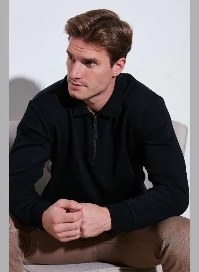 بوراتي سويت شيرت بولو رجالي قطن بياقة سحاب نصي