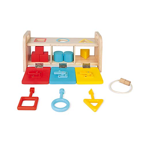 Janod Shape Sorter Box with Keys Wooden Sorting Toy with Geometric Shapes Ages 18 Months J05065 - Image 1