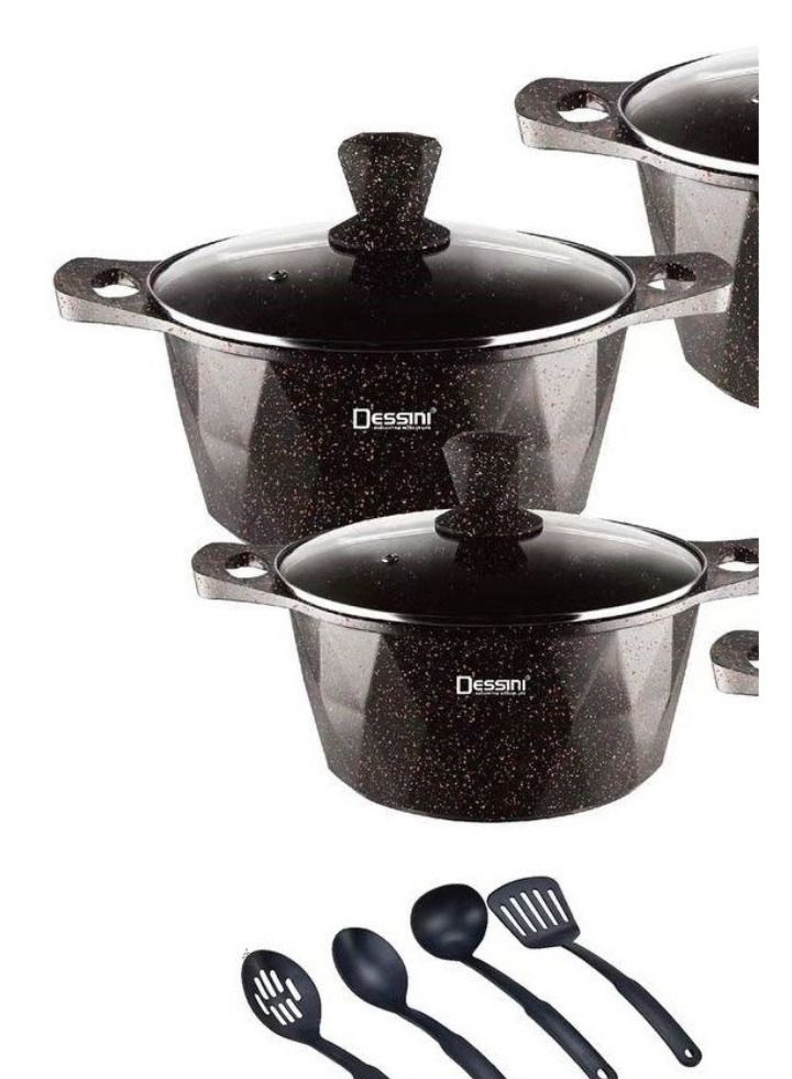 ديسيني طقم أواني طهي مطلي بالجرانيت 17 قطعة يشمل قدر خزفي 20 ، 24 ، 28 ، 32 سم مع غطاء ، قدر خزفي ضحل 28 سم و 7 قطع ملحقات الطهي - Image 2