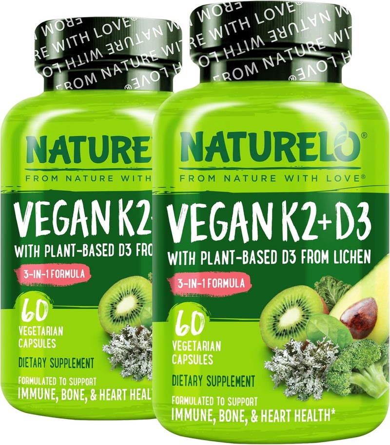 NATURELO Vitamin D3 K2  Vegan K2D3 with Plant Based D3 from Lichen  Natural D3 Supplement for Immune System Bone Support Heart Health  Whole Food  NonGMO  Gluten Free 60 Capsules Pack of 2 - Image 1