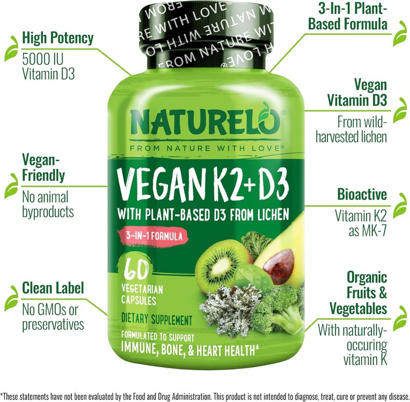 NATURELO Vitamin D3 K2  Vegan K2D3 with Plant Based D3 from Lichen  Natural D3 Supplement for Immune System Bone Support Heart Health  Whole Food  NonGMO  Gluten Free 60 Capsules Pack of 2 - Image 2