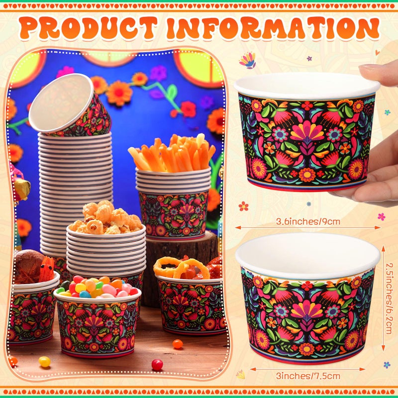 Potchen 50 Pack 9 oz Mexican Paper Bowls Mexican Themed Paper Cups Fiesta Flower Disposable Soup Bowls Snack Cups Plates Cinco De Mayo Party Supplies for Taco Dessert Hot or Cold Food - Image 3