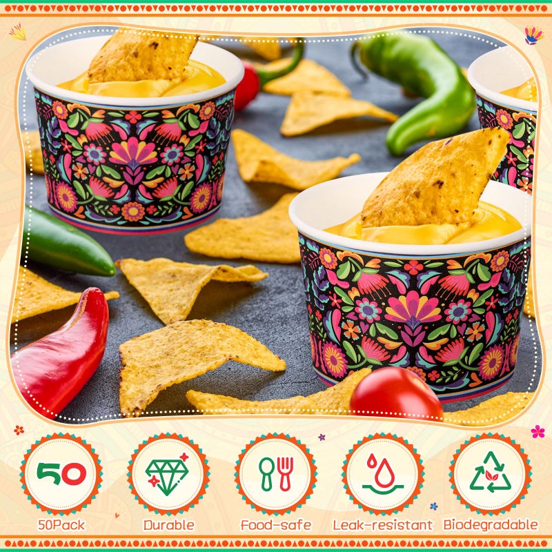 Potchen 50 Pack 9 oz Mexican Paper Bowls Mexican Themed Paper Cups Fiesta Flower Disposable Soup Bowls Snack Cups Plates Cinco De Mayo Party Supplies for Taco Dessert Hot or Cold Food - Image 4