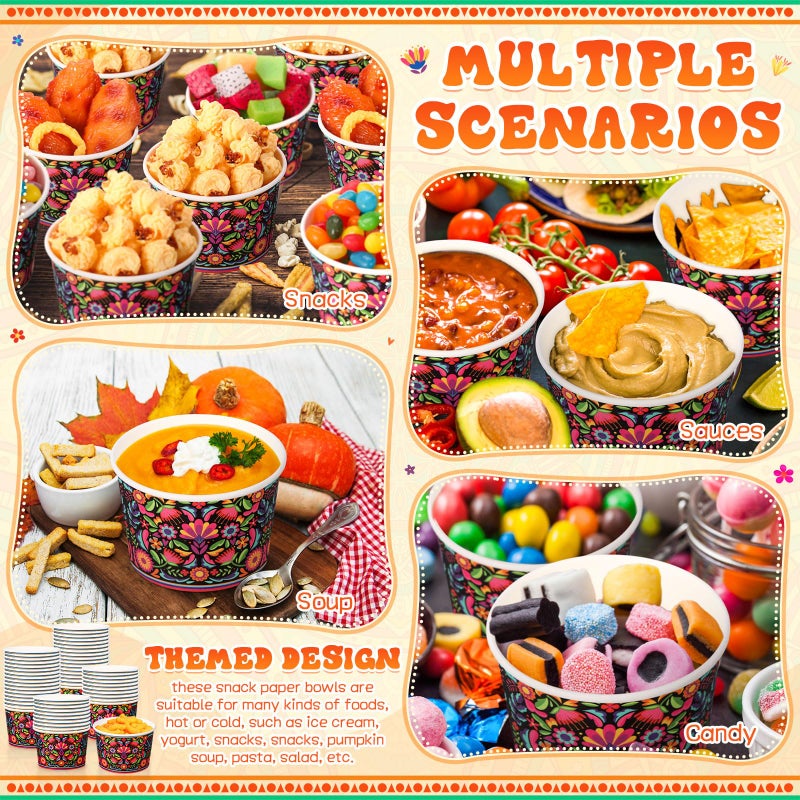 Potchen 50 Pack 9 oz Mexican Paper Bowls Mexican Themed Paper Cups Fiesta Flower Disposable Soup Bowls Snack Cups Plates Cinco De Mayo Party Supplies for Taco Dessert Hot or Cold Food - Image 5