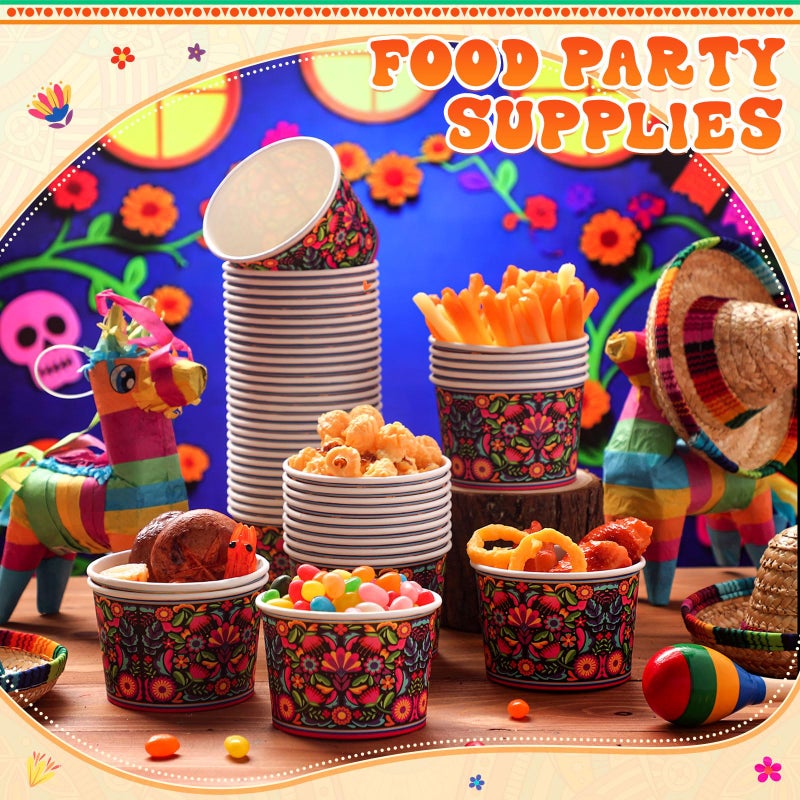 Potchen 50 Pack 9 oz Mexican Paper Bowls Mexican Themed Paper Cups Fiesta Flower Disposable Soup Bowls Snack Cups Plates Cinco De Mayo Party Supplies for Taco Dessert Hot or Cold Food - Image 2