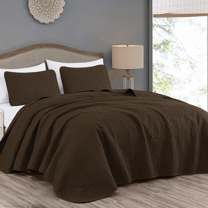 Chezmoi Collection Chezmoi Collection Austin 3Piece Oversized Bedspread Coverlet Set Queen Chocolate 