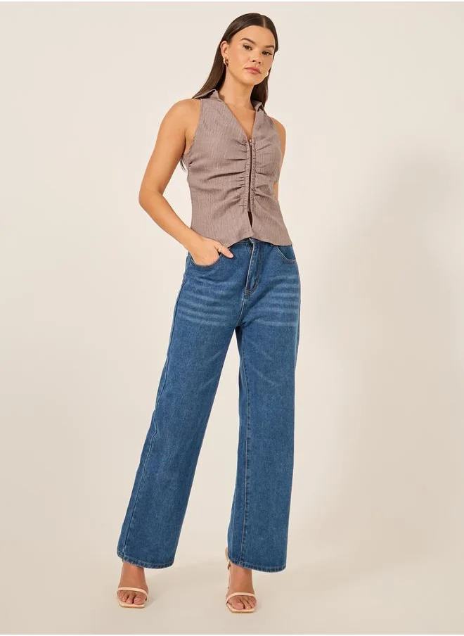 ستايلي Styli Pinstriped Sleeveless Fitted Shirt with Hook and Eye Front