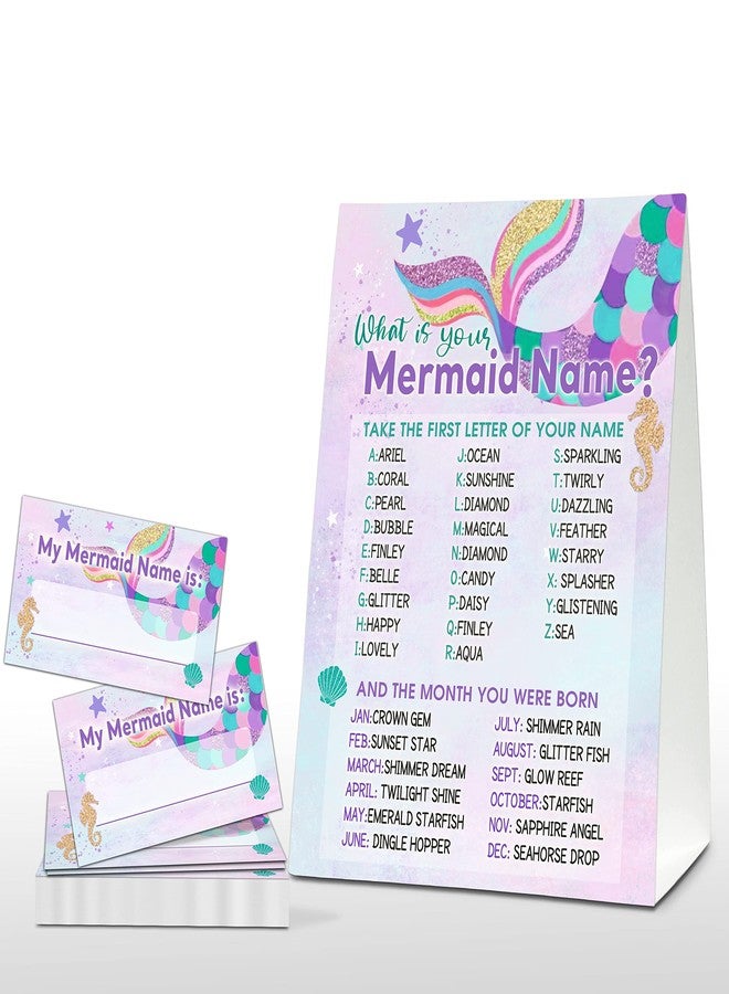 Foosproea What's Your Mermaid Name Game - Whimsical Mermaid Birthday Party Games for Girls - Family School Classroom Activity - 1 Standing Sign and 30 Stickers - Under the Sea Party Supplies Decorations(01) - Image 1