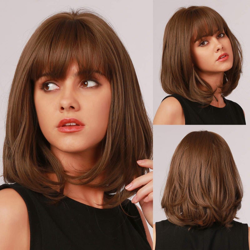 EMMOR Brown Bob Wig for Women Natural Hair Synthetic Wigs With Bang High Heat Resistant Wig