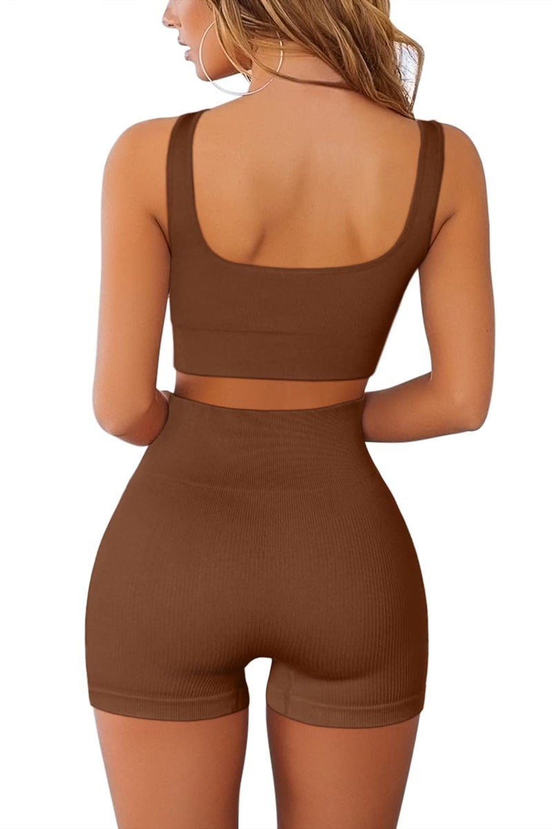 QINSEN Workout Sets for Women 2 Piece Seamless Ribbed Crop Tank High Waist Shorts Yoga Outfits (S, Brown) - Image 2