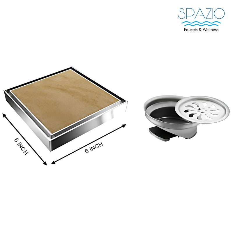 SPAZIO مصرف أرضي من SPAZIO مع إدخال بلاط/رخام | قناة تصريف دش غير مرئية من الفولاذ المقاوم للصدأ 304 | مصرف أرضي لمياه الصرف بحجم 6 × 6 بوصات للبلاط بسمك 13 مم | قناة تصريف مع مصيدة صراصير من الفولاذ المقاوم للصدأ - Image 3