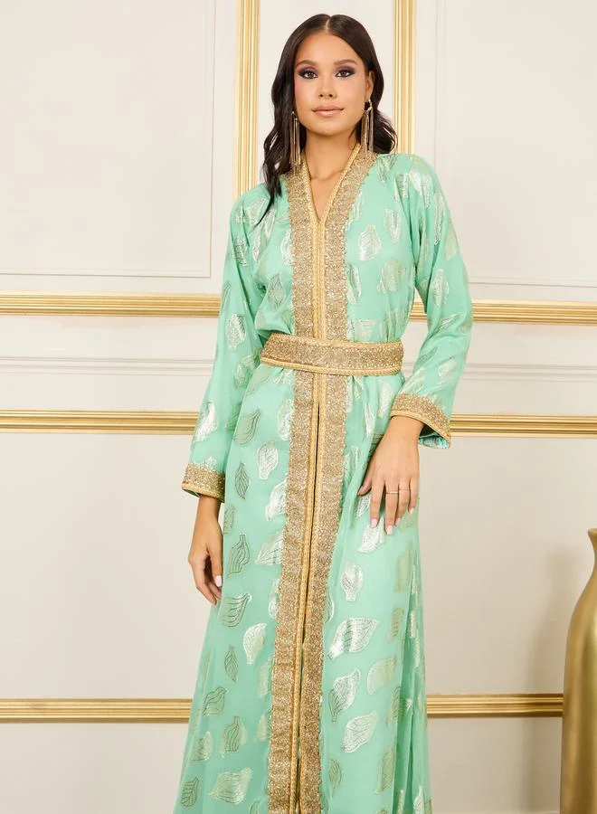 Maxim Creation Embroidered Lace Lurex Texture Sheer Jalabiya by Styli