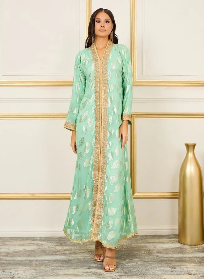 Maxim Creation Embroidered Lace Lurex Texture Sheer Jalabiya by Styli