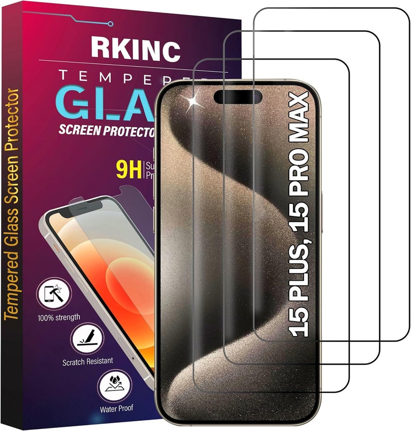 ريكنك حماية الشاشة [3 عبوات] لهواتف iPhone 15 Pro Max، 15 Plus، فيلم حماية الشاشة من الزجاج المقوى، سمك 0.33 مم [مقاوم للخدوش] [مقاوم للتحطم] [خالي من الفقاعات] - Image 1