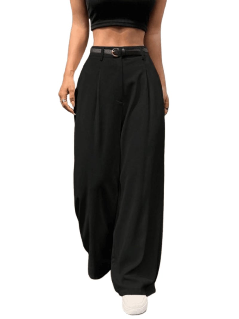 Aahwan Women & Girls Solid High Rise Korean Loose Pleated Wide Leg Pants & Trouser (296_Black_28) - Image 1