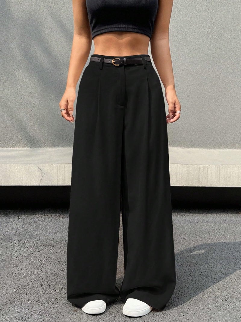 Aahwan Women & Girls Solid High Rise Korean Loose Pleated Wide Leg Pants & Trouser (296_Black_28) - Image 3