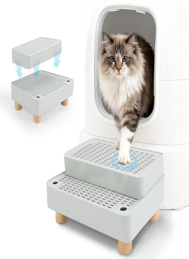 Midollarle Elevated Cat Ramp for Litter Box, 2 Steps Cat Pedal Step Stool with Wooden Base, Detachable Double Layered Cats Litter Trapper, Suitable for Small&Elderly Cats, Non-Slip(Grey) - Image 1