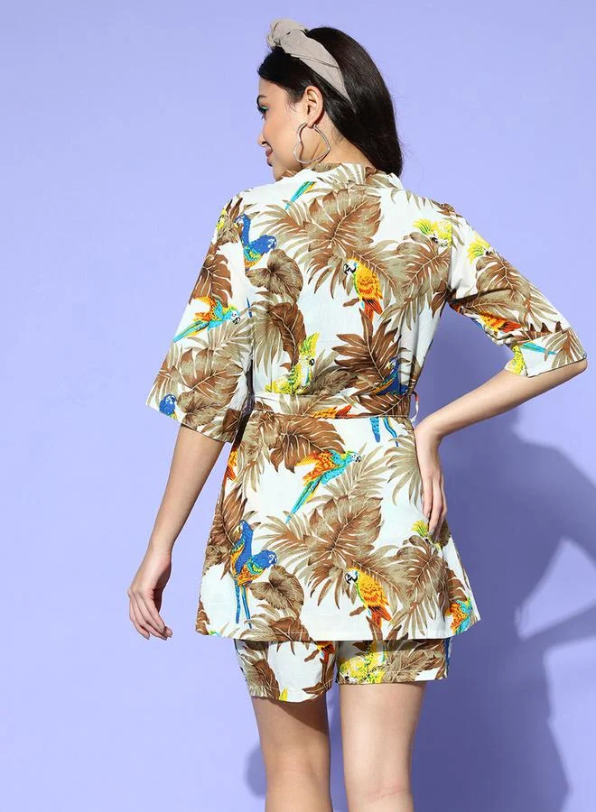 Sanskrutihomes  Pack Of 3 - Tropical Print Cotton Cami- Shorts And Robe for Women | Best Price UAE