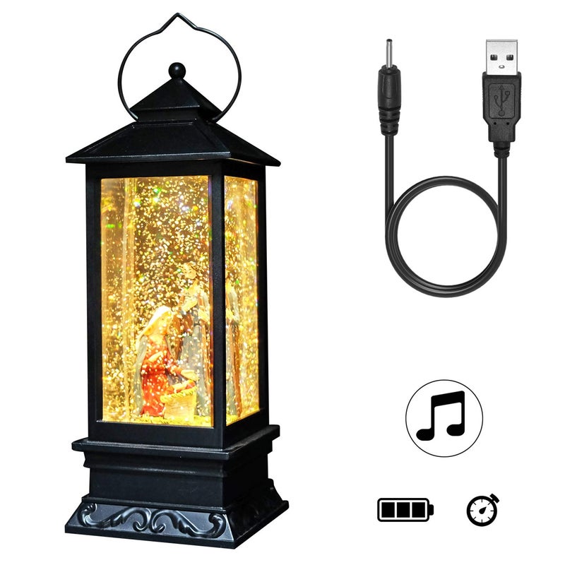 DRomance فانوس موسيقي من DRomance مع مشهد الميلاد مزود بتايمر يعمل بالبطارية ومزود بالطاقة عبر USB، مصباح كرة ثلجية مضيئة تغني مع دوامات مائية وبريق، زينة عيد الميلاد 4" x 4" x 12" - Image 2