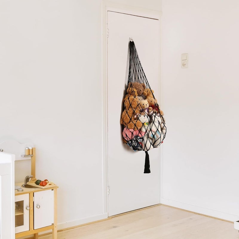 Macrame Kn0ts Stuffed Animal Storage Organizer Toy Hammock – Macrame Hanging Net for Plush Toys, Boho Nursery & Playroom Decor, Wall-Mounted Stuffed Animal Holder (Black) - Image 2