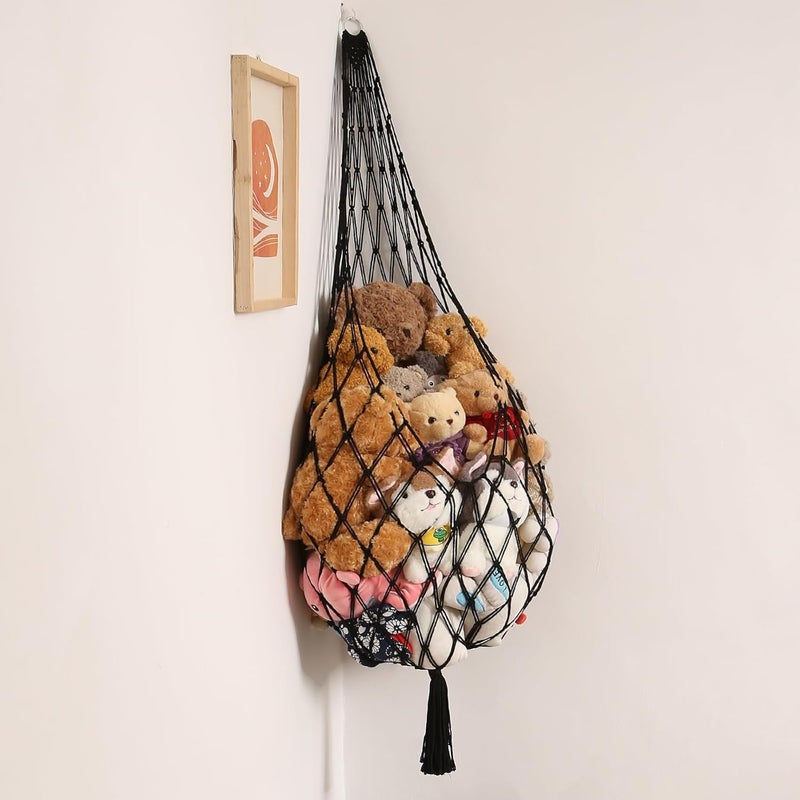 Macrame Kn0ts Stuffed Animal Storage Organizer Toy Hammock – Macrame Hanging Net for Plush Toys, Boho Nursery & Playroom Decor, Wall-Mounted Stuffed Animal Holder (Black) - Image 1
