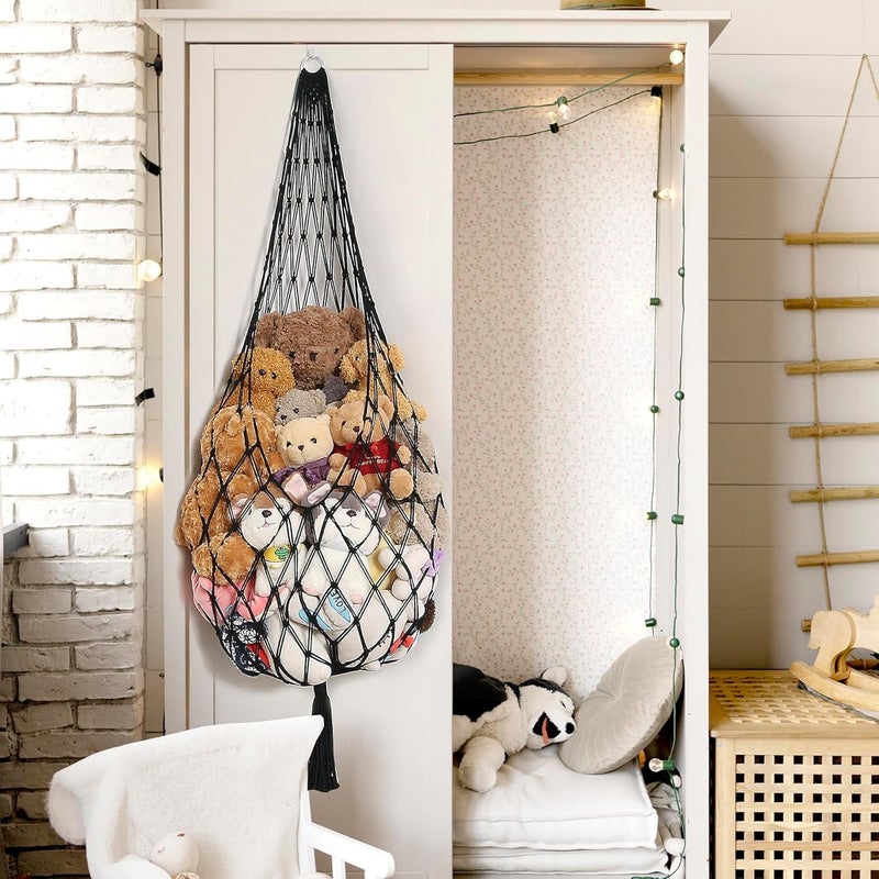 Macrame Kn0ts Stuffed Animal Storage Organizer Toy Hammock – Macrame Hanging Net for Plush Toys, Boho Nursery & Playroom Decor, Wall-Mounted Stuffed Animal Holder (Black) - Image 3