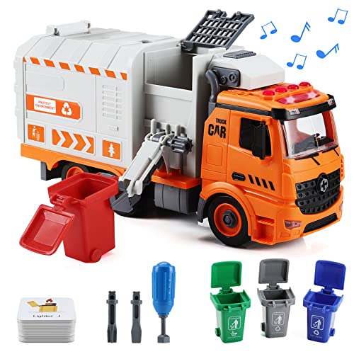 Flanney Garbage Truck Toys DIY Realistic Recycling Trash Truck Toy with Light and Sound 4 Trash Cans Gifts for 3 4 5 6 7 8 Year Old Boys Girls Toddlers - Image 1