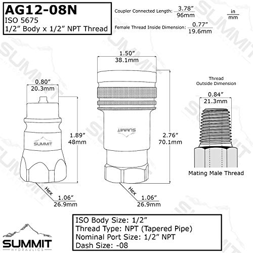 Summit Hydraulics 2 Pack - 1/2" Ag ISO 5675 Hydraulic Quick Connect Male Coupler, Poppet Valve, 1/2" NPT - Image 2