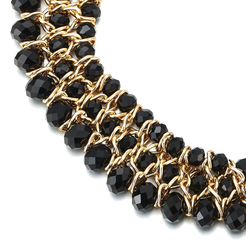 COOLSTEELANDBEYOND Statement Necklace Black Faceted Crystal Beads String Gold Braided Chain Pendant - Image 2