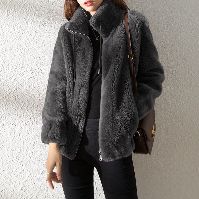 Womens Fashionable Coat Ins Winter fleece-lined Thickened Double-sided Fleece Vertical Collar Warm Sweater Womens Cardigan Zipper Fleece Grey - Image 4