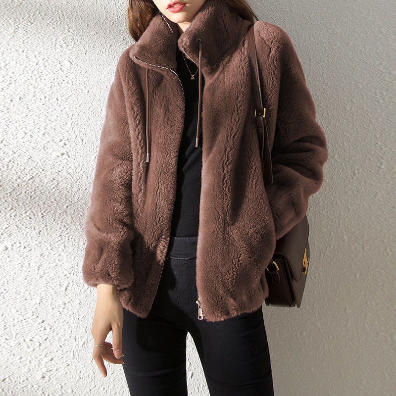 Womens Fashionable Coat Ins Winter fleece-lined Thickened Double-sided Fleece Vertical Collar Warm Sweater Womens Cardigan Zipper Fleece Grey - Image 1