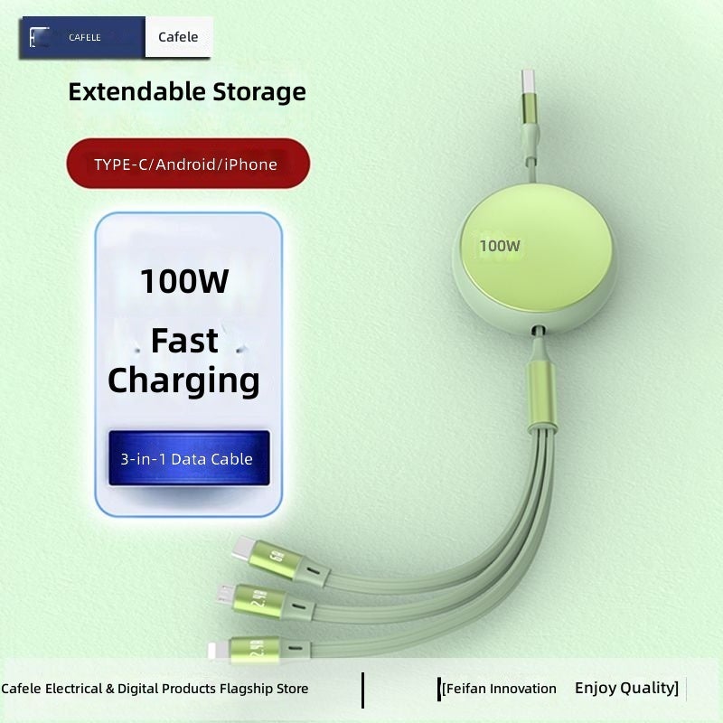 Cafele 100W Retractable 3-in-1 Fast Charging Data Cable for Car, Huawei & Apple Phones
