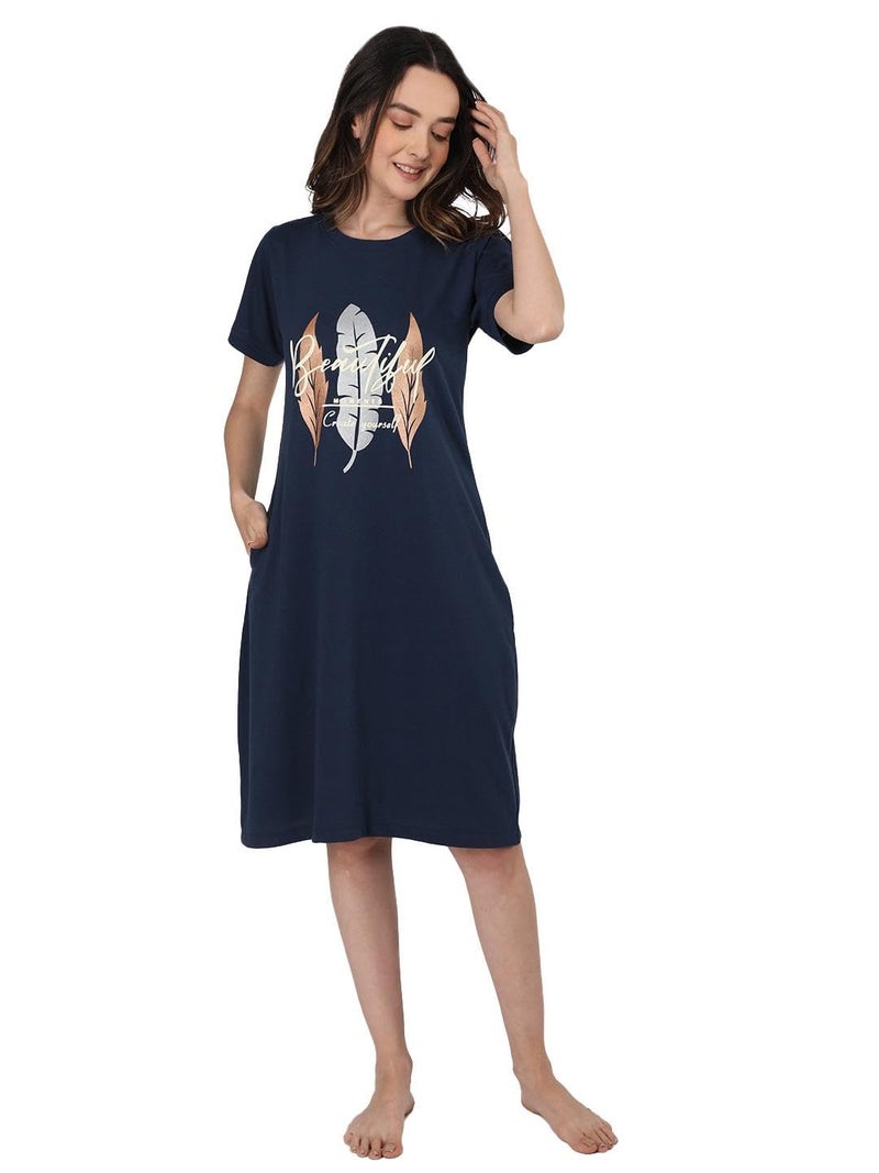 Duchess Cotton Printed Knee Length Nighty For Women, Black - Image 1