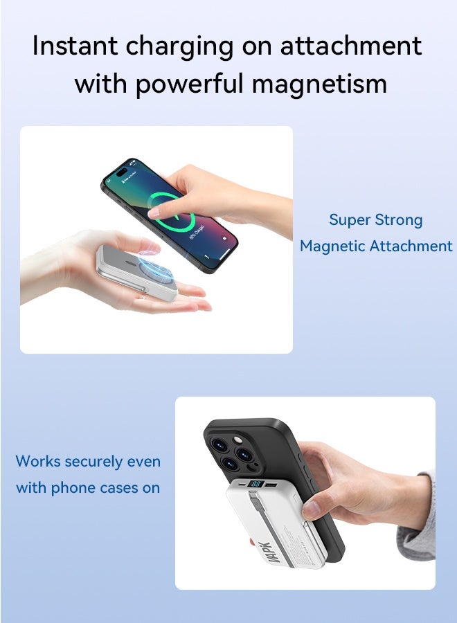 WAPIK Korean Brand M5 Magnetic Power Bank, 10,000mAh Foldable Wireless Portable Charger, 22.5W USB-C Fast Charging, Compatible with iPhone 16/15/14/13/12 Series, Built-in Type-C Cable – White - Image 5