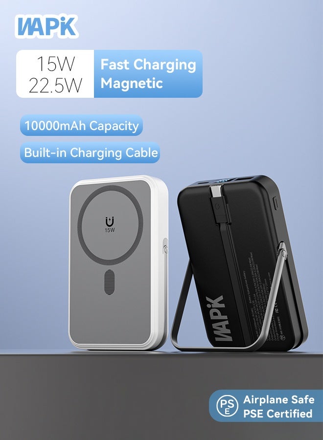 WAPIK Korean Brand M5 Magnetic Power Bank, 10,000mAh Foldable Wireless Portable Charger, 22.5W USB-C Fast Charging, Compatible with iPhone 16/15/14/13/12 Series, Built-in Type-C Cable – White - Image 3