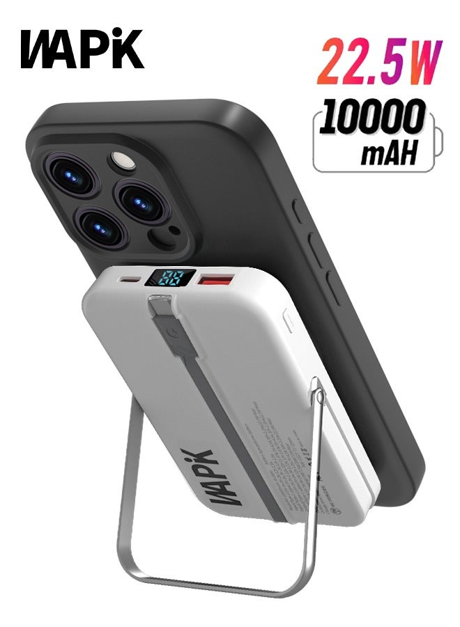 WAPIK Korean Brand M5 Magnetic Power Bank, 10,000mAh Foldable Wireless Portable Charger, 22.5W USB-C Fast Charging, Compatible with iPhone 16/15/14/13/12 Series, Built-in Type-C Cable – White - Image 1
