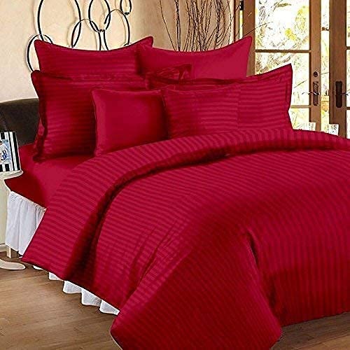Kihar 210 TC Cotton Satin Stripes Plain Color King Size Bedsheet for Double Bed with Two Pillow Covers for Home Hotels Guest House (90x100 Inch) (Red) - Image 1
