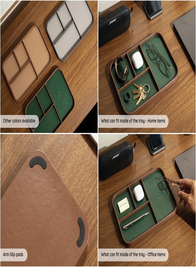 MUUJEE Leather Catchall Multitray (Design 3) - 11.65 x 7.75 x 0.8, Nightstand Entryway Bedside Dump Tray Valet Organizer for Keys Phone Wallet Watch Glasses Pens, Office Desk Accessory for Men, Green - Image 5