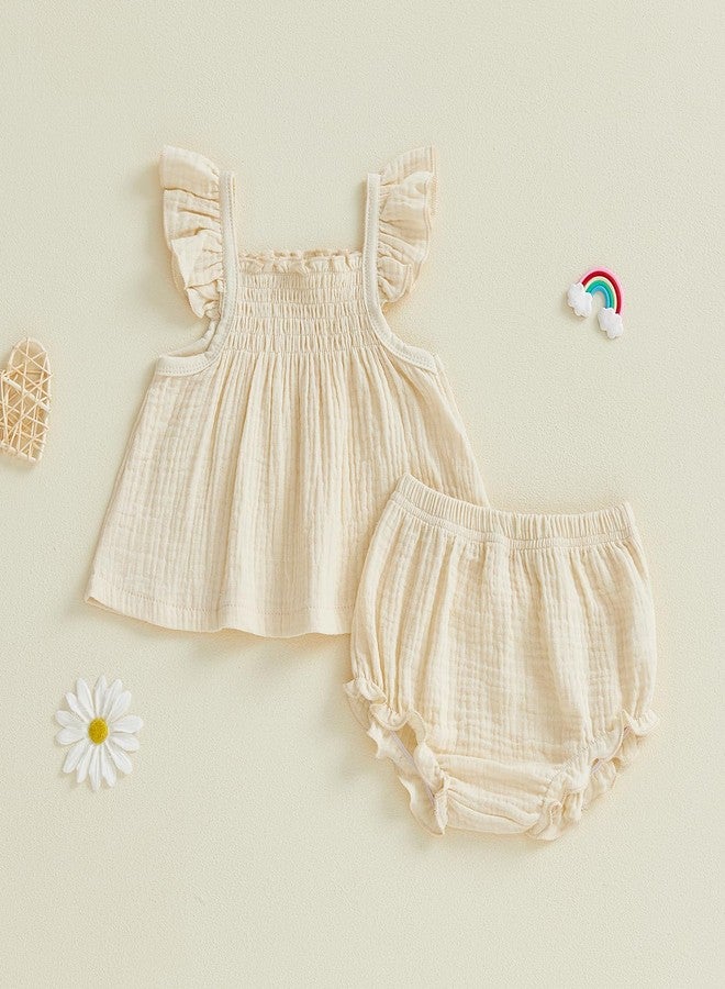 Mubineo Baby Girl Summer Clothes Cute Basic Plain Cotton Linen Ruffle Tops Dress Shorts Outfits Set Shirt Princess Outfit (Beige, 3-6 Months) - Image 4