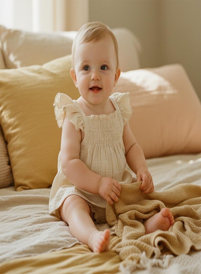 Mubineo Baby Girl Summer Clothes Cute Basic Plain Cotton Linen Ruffle Tops Dress Shorts Outfits Set Shirt Princess Outfit (Beige, 3-6 Months) - Image 2