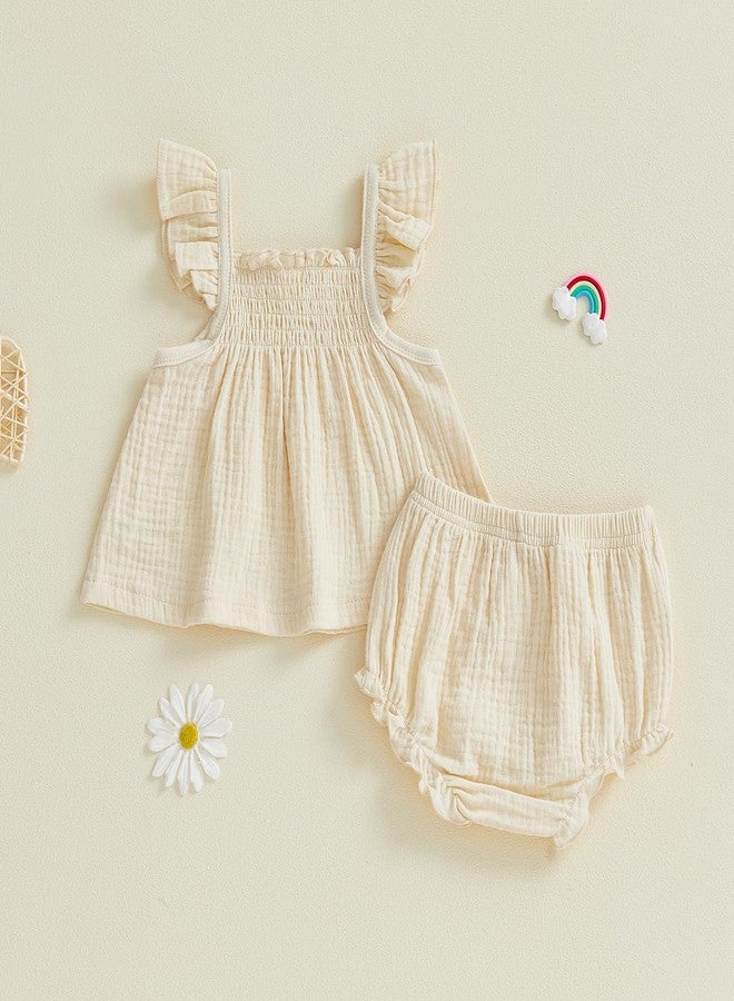 Mubineo Baby Girl Summer Clothes Cute Basic Plain Cotton Linen Ruffle Tops Dress Shorts Outfits Set Shirt Princess Outfit (Beige, 3-6 Months) - Image 5