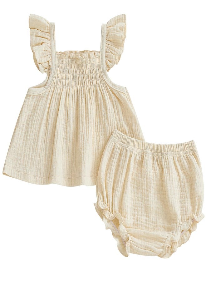 Mubineo Baby Girl Summer Clothes Cute Basic Plain Cotton Linen Ruffle Tops Dress Shorts Outfits Set Shirt Princess Outfit (Beige, 3-6 Months) - Image 1